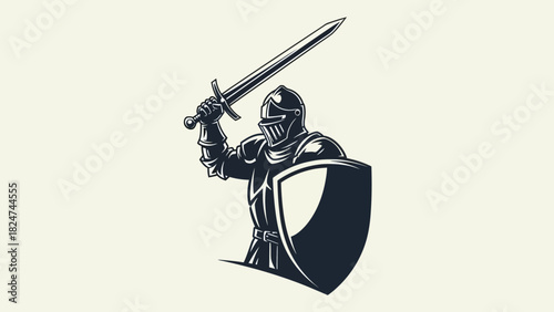 Monochrome illustration of a medieval knight in full armor, holding a sword and shield, ready for battle.