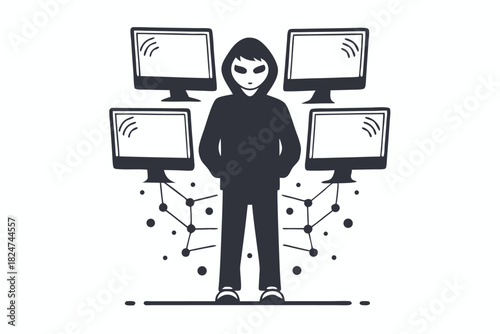 Dark silhouette of a hacker uses laptop amid binary code and WiFi signal