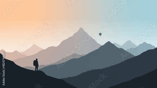 A lone hiker stands on a hill overlooking a serene, layered mountain range with a hot air balloon in the distance, rendered in a minimalist flat design style.
