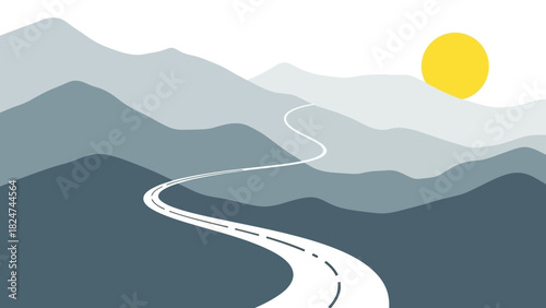 A winding road through a mountain range under a bright yellow sun, scenic landscape.