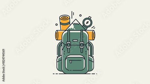 Illustration of a green backpack with a sleeping bag, compass, and mountain.
