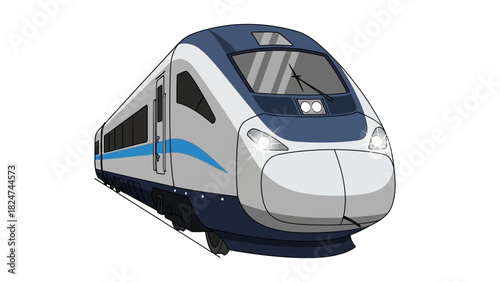 Illustration of a modern high-speed passenger train with a sleek design, traveling on tracks.