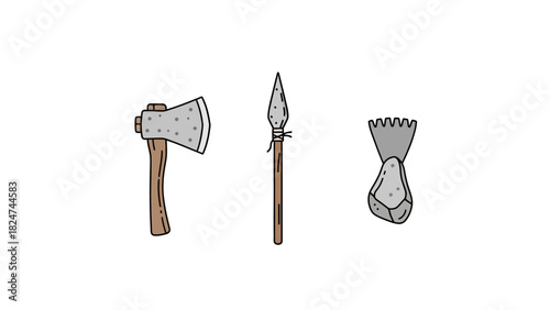 Illustration of prehistoric tools: an axe, a spear, and a scraper.