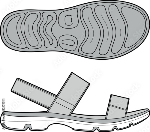 Sandal, vector, illustration, sketch, outline, footwear, fashion, sole, tread, strap, durable, ergonomic, structured, silhouette, gear, design, comfort, accessory, grip, casual