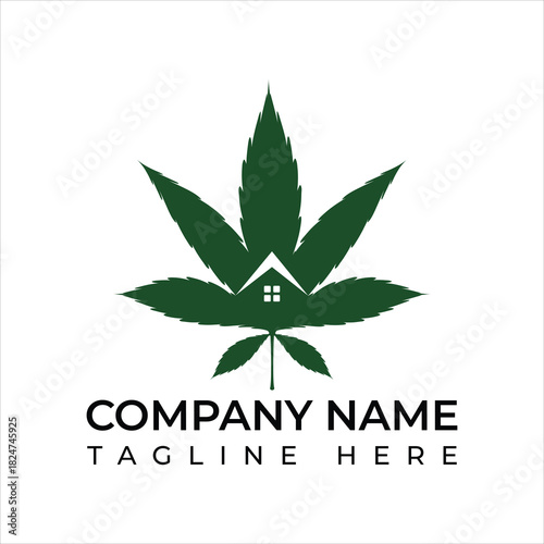 Unique cannabis business logo featuring a modern house silhouette within a marijuana leaf design for dispensary branding and real estate ventures
