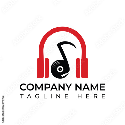 Dynamic music logo design concept with headphones and vinyl record note, perfect for audio businesses, studios, and creative entertainment ventures

