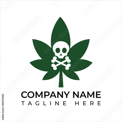 Edgy cannabis brand logo design featuring skull and crossbones on a stylized marijuana leaf for modern lifestyle and counterculture appeal, cool and unique
