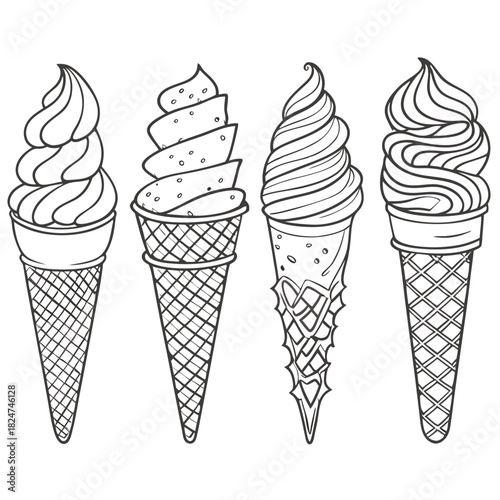 Four different styled ice cream cones are lined up, creating a delicious row