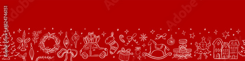 Seamless Christmas border with festive doodles on red background