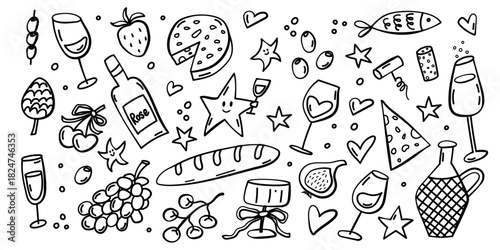 Wine and snacks doodle set with glasses cheese and grapes