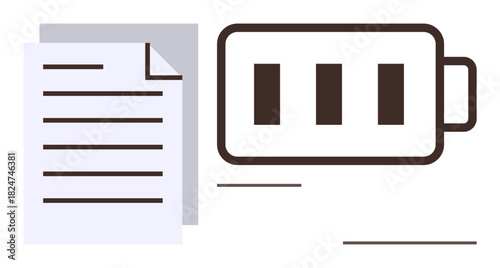 File document next to battery with three bars indicating energy level. Ideal for productivity, energy, efficiency, sustainability, workload management, organization, workflows. Simple flat metaphor