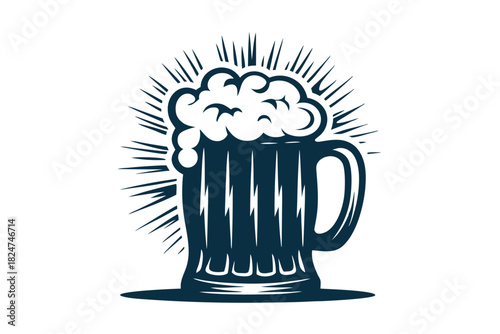 Detailed beer mug filled with foam bursts outward on a bright white canvas