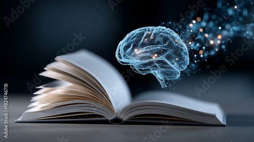 E-learning, Online education concept with open book icon, AI brain, creative thinking and video representing interactive smart learning and knowledge management in digital environm