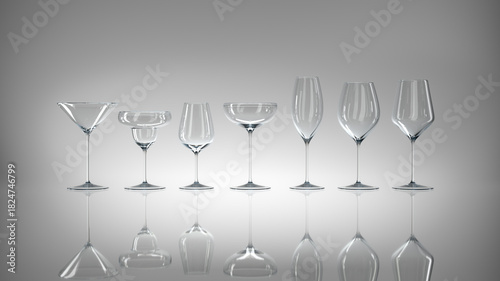 Set of various glasses for cocktails and wine. 3d illustration on light gray glossy gradient background