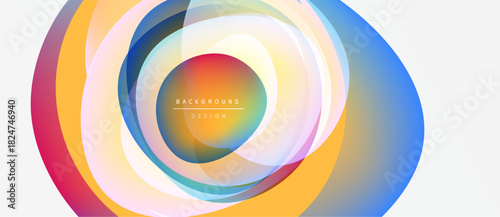 Abstract colorful circles overlap, creating dynamic visual effect. Gradient hues blend smoothly, forming modern background design.