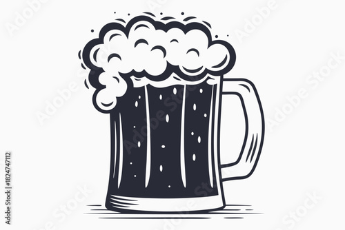 A darkly shaded beer mug overflows with foamy bubbles in a simple sketch