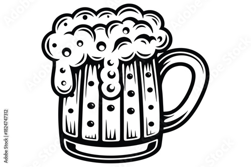 A classic beer mug overflows with foamy brew; the illustration is monochrome