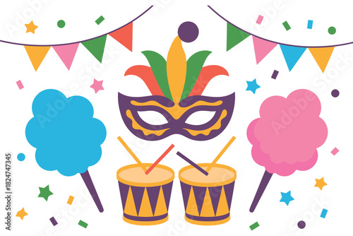 A festive collection of Mardi Gras elements including a mask, drums, and cotton candy.