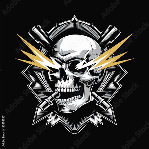 Aggressive skull illustration with lightning eyes and bullets on black background for tattoo emblem or biker logo design