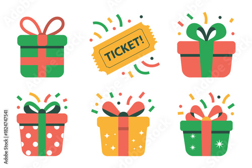 Gift boxes and a ticket with confetti are displayed, symbolizing winning or prizes.