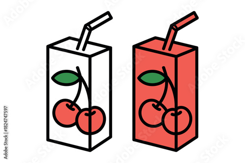 Two juice boxes with cherries and straws against a white background.