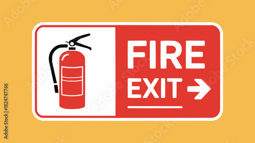 Fire exit safety sign with extinguisher icon and right arrow on red and yellow background for emergency evacuation warning illustration