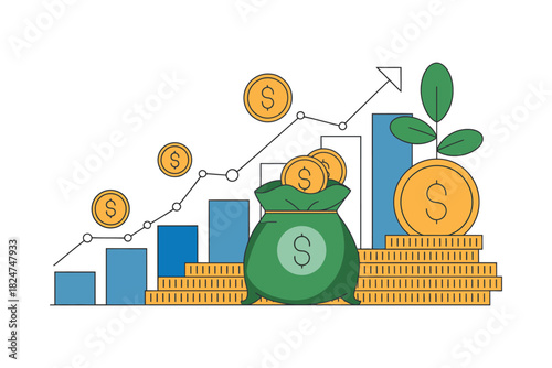 Financial growth and investment success is represented by a money bag and rising chart.