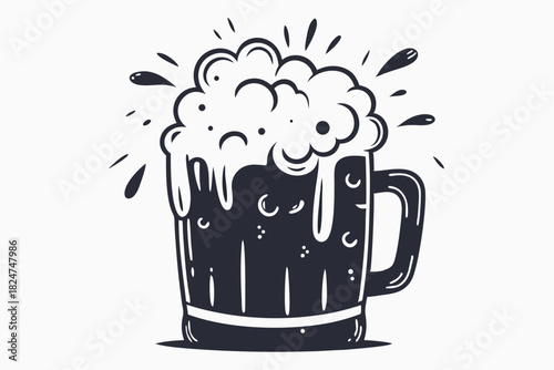 Black and white hand drawn beer mug with foam is isolated on white