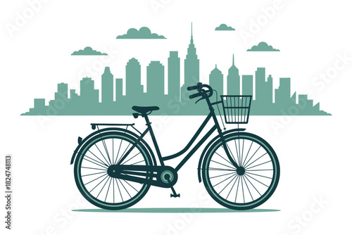 A bicycle with a basket is parked in front of a city skyline.