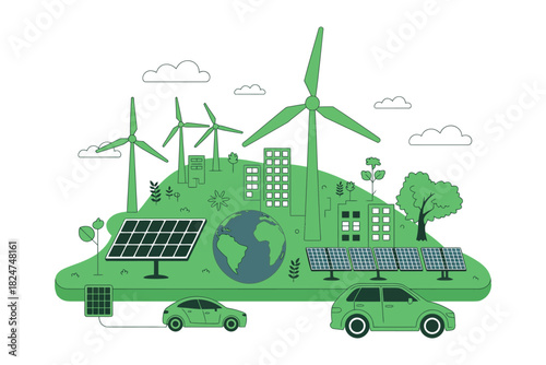 A vibrant green landscape showcases renewable energy sources like wind turbines and solar panels, with electric cars driving on the road.