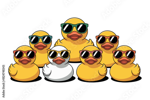 A group of rubber ducks wearing sunglasses stand together in a formation.