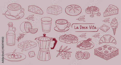La Dolce Vita Italian Food Doodle Set – Hand-Drawn Café Breakfast and Dinner Line Art Illustrations