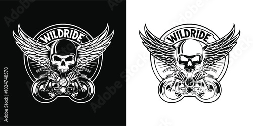 Motorcycle skull emblem with wings and helmet in monochrome vintage biker club style