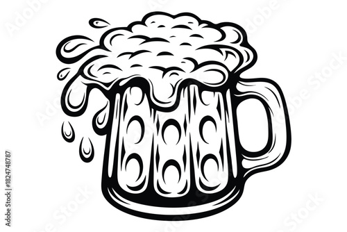 Detailed shows overflowing foam beer mug with bold, tribalstyle linework