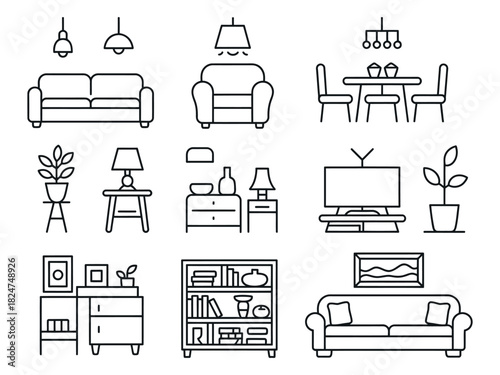 Line art icons depicting various home furniture and decor items arranged in a grid.