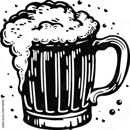 Beer mug overflows with foamy beverage shown in a art illustration