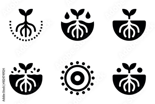 A collection of six abstract icons depicting plant roots and growth elements.