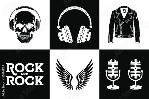 Rock and roll icon set with skull headphones leather jacket wings and vintage microphone