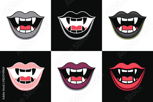 Vampire mouth collection with fangs and lips in various colours on black and white background for Halloween vector design