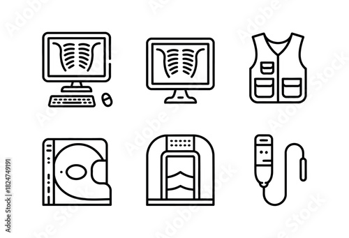 This image depicts various medical science icons, including an X-ray, a monitor, and an IV drip.