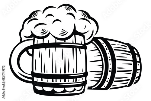 Black and white stylized shows a beer mug overflowing next to an oak barrel
