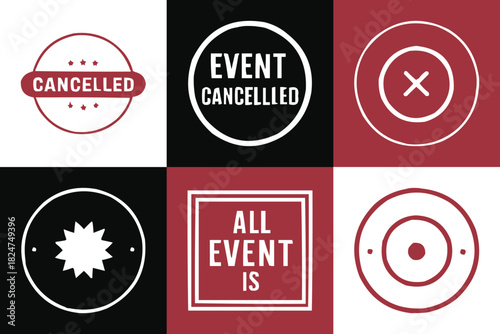 Cancelled event notification badges and signs in bold typography with modern graphic layout