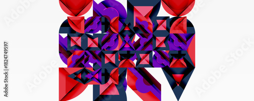 Abstract geometric composition. Red, purple, black shapes interlock creating complex pattern. Minimalist style, clean lines, modern design.