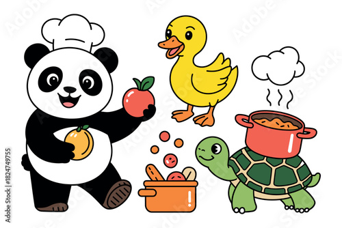 A panda chef, a duck, and a turtle are preparing food together.