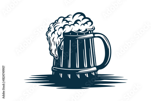 Dark blue beer mug is overflowing with frothy drink over white background