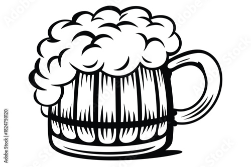 A beer mug overflowing with foam is outlined in black against a white background