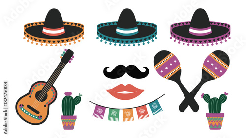 Mexican fiesta elements with sombrero, guitar, cactus, maracas, and papel picado in colourful vector illustration set
