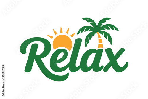 The word 'Relax' is depicted with a sun and a palm tree.