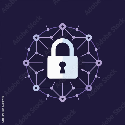Quantum encryption network security concept with padlock. Digital data protection and cybersecurity vector illustration. Secure connection symbol