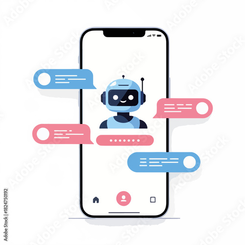 AI chatbot assistant on mobile phone screen. Virtual robot character with speech bubbles. Flat design vector illustration